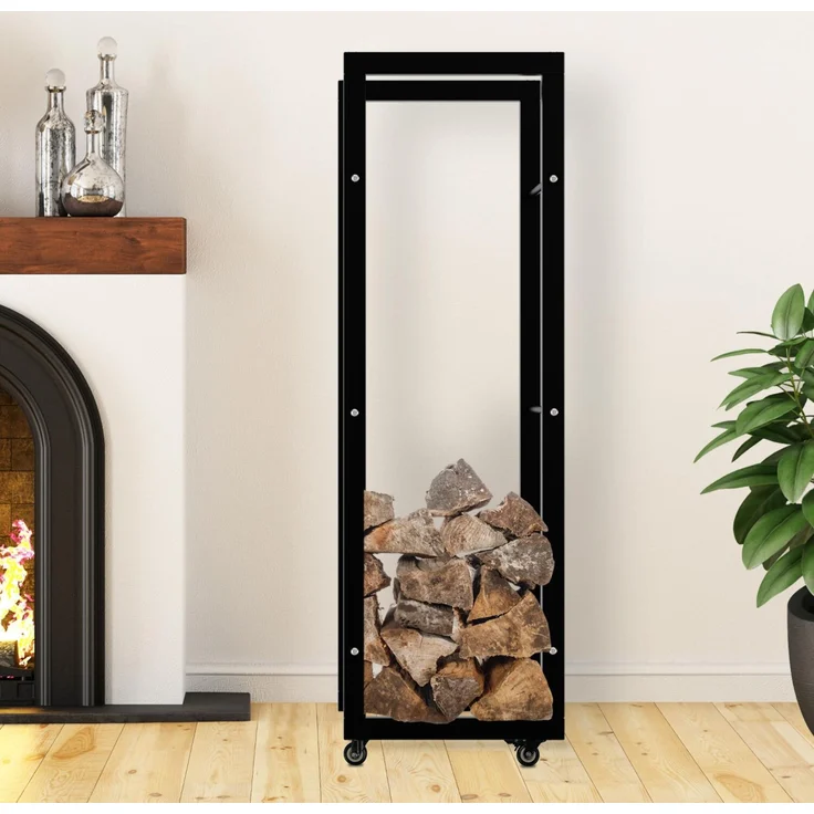 DELUKE® Kaminholzregal innen Metall SATLO - mit Rollen Brennholzregal innen Kaminholzständer Kaminholzhalter Feuerholzregal Innen Schwarz, 25x40x125cm – Bild 2