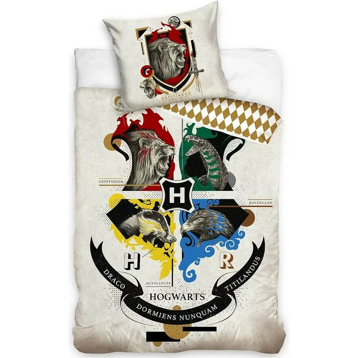 BERONAGE Kinderbettwäsche Harry Potter Houses Bettwäsche Linon / Renforcé 147 Bettbezug School, 100% Baumwolle, 2 teilig, 135x200 + 80x80 cm