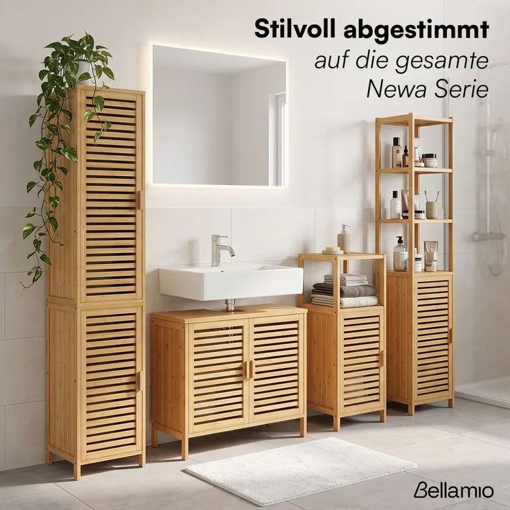 Bellamio 'Newa' Badezimmer Waschbeckenunterschrank, Bambus, natur, 60x33x65 cm, Badezimmerschrank mit 2 Ablagefächern, 2er-Set – Bild 10