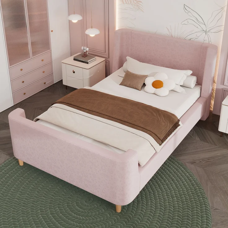 Merax Kinderbett Polsterbett,Einzelbett Schlittenbett mit kosmischem Muster, 90 x 200 cm, Für Jungen & Mädchen, Rosa, Samt (Ohne Matratze) – Bild 2