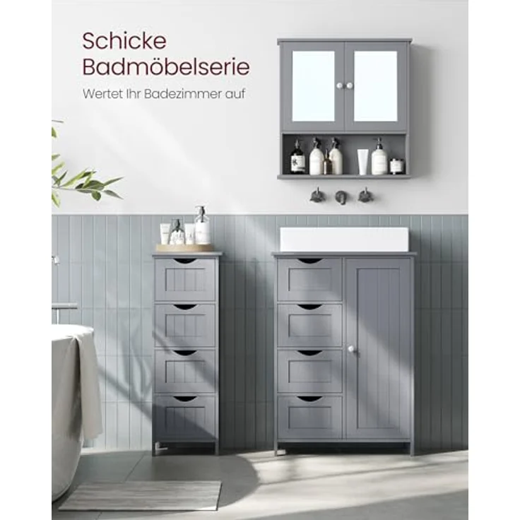 VASAGLE Spiegelschrank, Badschrank, Wandschrank, Hängeschrank mit 2 Spiegeltüren und offenem Fach, verstellbare Ablage, Wandmontage, 13 x 56,5 x 58,5 cm, Taubengrau LHC002G02 – Bild 5