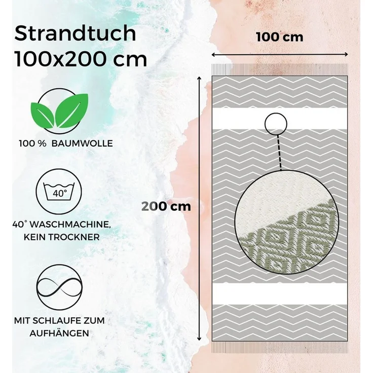 furora HOLIDAY Strandtuch groß 100x200 cm Strand Tuch, aus Baumwolle, Hamamtuch Badetuch, leicht, lang, dünn & kompakt – Bild 2