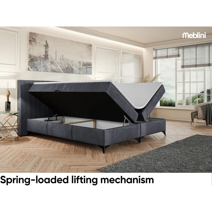 MEBLINI Boxspringbett NANI 180x200cm - H3P/Dunkelgrau Samt - mit Bettkasten - Polsterbett - Doppelbett mit Topper & Taschenfederkern-Matratze – Bild 3