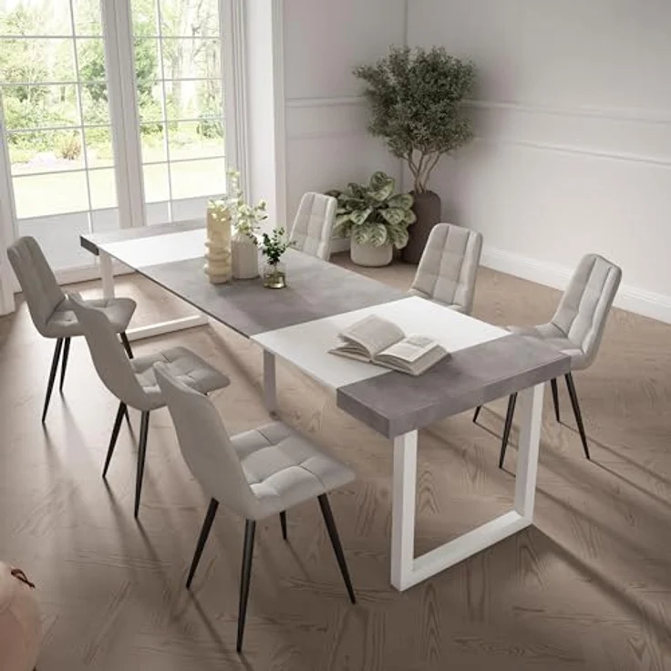 Skraut Home | Ausziehbarertisch | Multifunktionaler ausziehbarer | 300 | Für 14 Gäste | Massivholz Beine | Moderner Stil | Zement – Bild 2