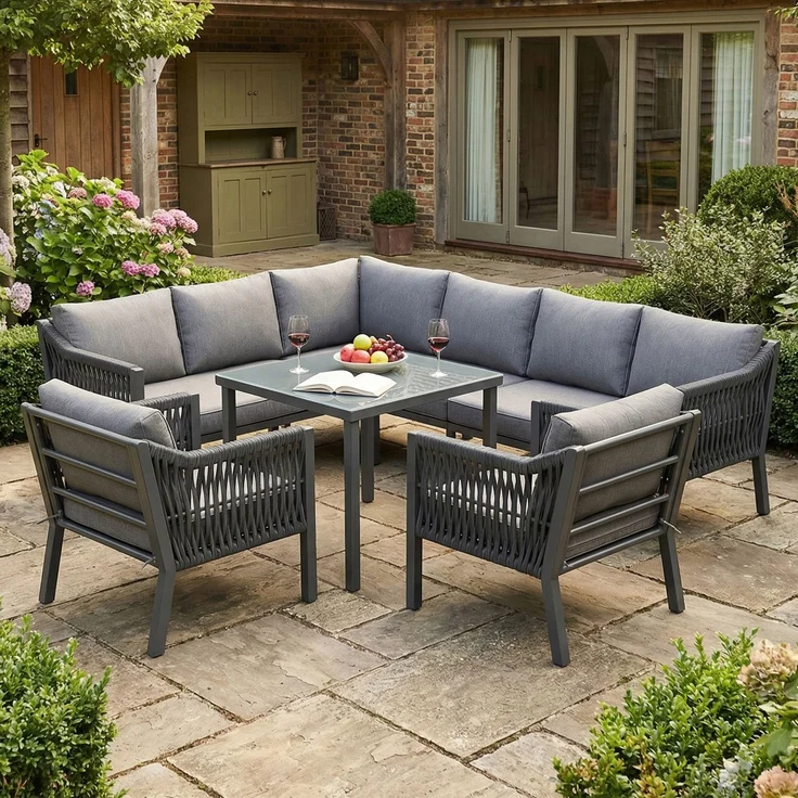 Merax Gartenmöbel-Set für 8 Personen, Gartenlounge-Set, bestehend aus einem Esstisch, zwei Sesseln und einem Ecksofa, Grau – Bild 1