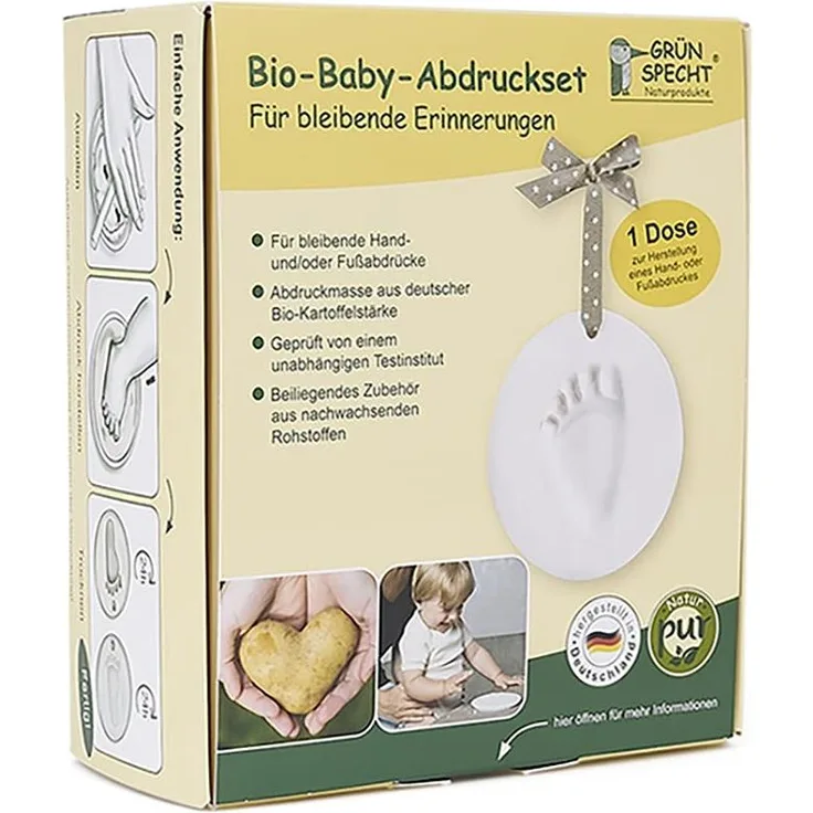 GRÜNSPECHT Bio-Baby-Abdruckset, 2 Dosen Abdruckmasse & Zubehör, Baby Handabdruck & Fußabdruck, mit deutscher Bio-Kartoffelstärke, Geschenk Geburt (679-00)