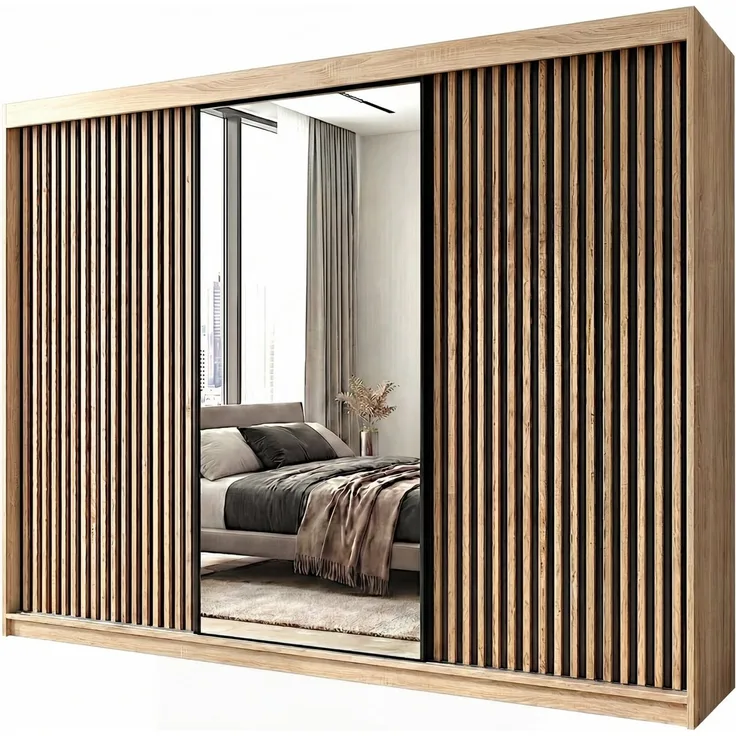 A&J MöbelLand GmbH Schiebetürenschrank FARA 200 cm mit 3D-Lamellen und Spiegelfront (TOP ANGEBOT! Geräumiger Schrank mit einer Breite von 200 cm ideal zur Aufbewahrung von Kleidung und Accessoires. Wählen Sie das ideale Modell für Ihr Schlafzimmer!, TO...