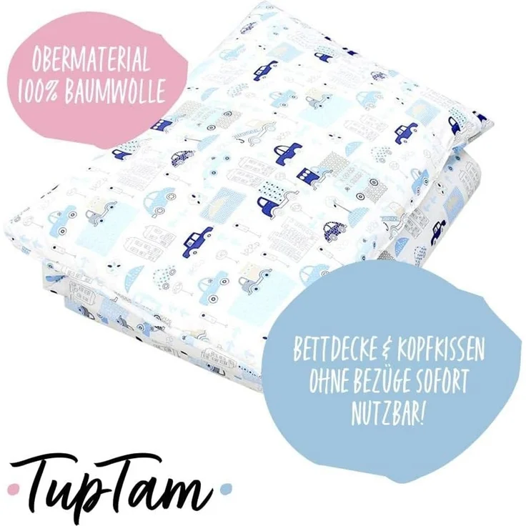 TupTam Kinderbettdecke-Set, Ganzjahresdecke, 2tlg., 1x Bettdecke, 1x Flachkissen, Autos Blau, 135x100 cm – Bild 3