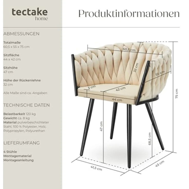 tectake Esszimmerstuhl Astano (4er Set, 4 St), gepolstert, mit Samtbezug, Knotendesign – Bild 4