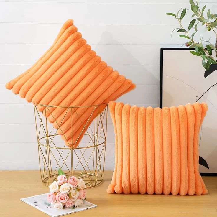 Kissenbezüge 2er Set Flauschig Plüsch Deko Dekokissen Sofakissen Zierkissenbezüge 45*45cm Sofakissen Couchkissen Bezug Sofa Schlafzimmer Reißverschluss,orange – Bild 2