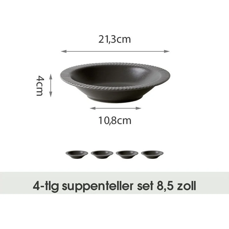 JIWOO Suppenteller 4er Ø22cm, Speiseteller Pastateller Salatteller Dessertteller Plate, (4 St), Keramik Tellerset Grau mikrowellen- und spülmaschinenfest Ø21,3 cm