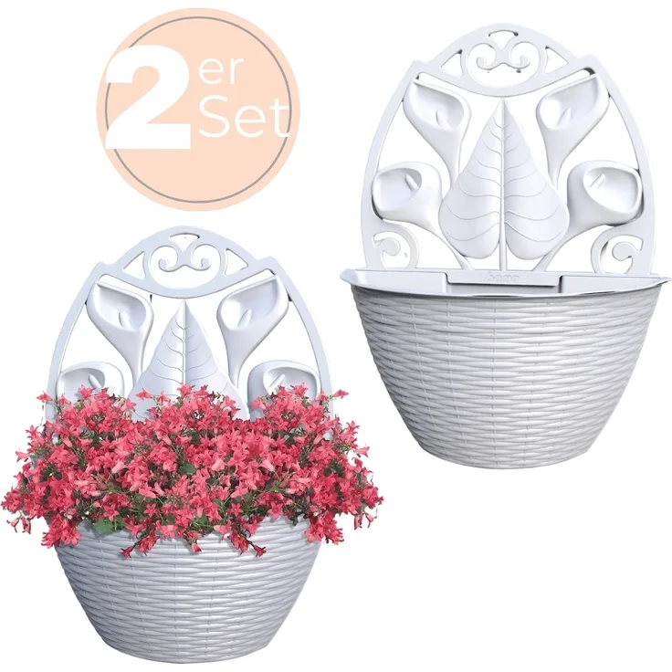 2er Set Blumentopf Wand Blumentopf Wandmontage Wandblumentopf Wandvasen für Pflanzen Pflanzen Wandhalterung Wandtopf Außenbereich 32 cm Weiß Rattan Optik
