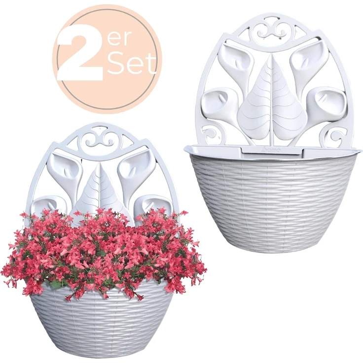 2er Set Blumentopf Wand Blumentopf Wandmontage Wandblumentopf Wandvasen für Pflanzen Pflanzen Wandhalterung Wandtopf Außenbereich 32 cm Weiß Rattan Optik – Bild 1
