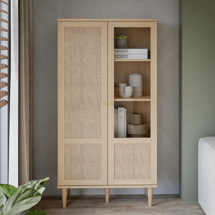 Forte CALASETTA Vitrine 80, Boho-Vitrinenschrank mit Rattangeflecht, 2-türig, Holzwerkstoff, Elegancia Eiche | Technorattan, 80,1 cm breit x 166,6 cm hoch x 41,4 cm tief – Bild 3