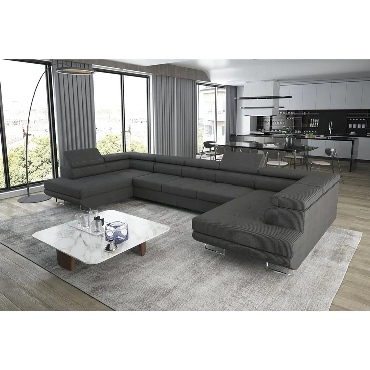 thematys Ecksofa Aston U 403 x 203 cm, mit Schlaffunktion, mit Bettkasten, mit verstellbaren Kopfstützen, Dunkelgrau (Poso 60), Ausrichtung 390 cm