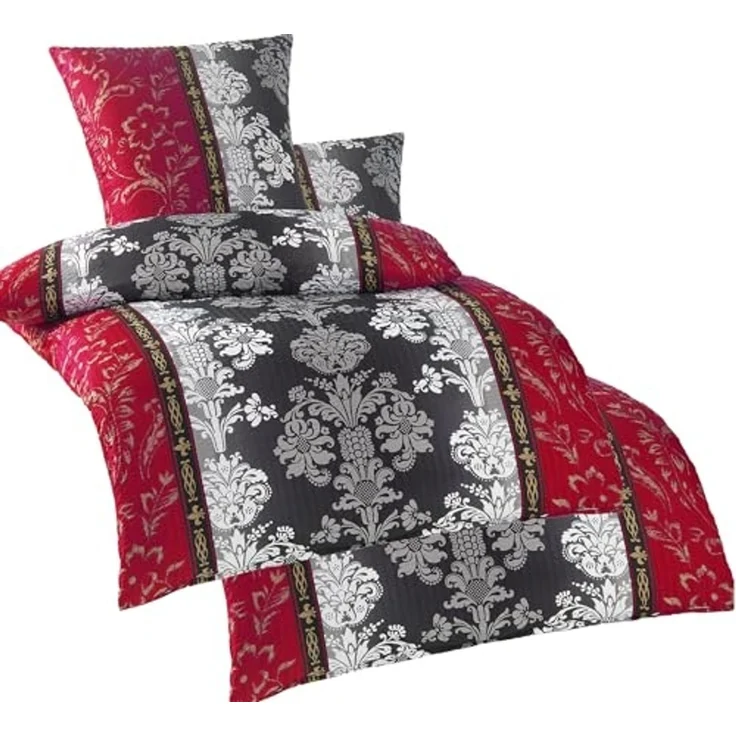 KH-Haushaltshandel Bettwäsche 4-tlg. Seersucker Bettwäsche 2x (135x200 +80x80cm), Ornamente, Seersucker, 4 teilig, rot grau weiß, Microfaser, bügelfrei – Bild 1