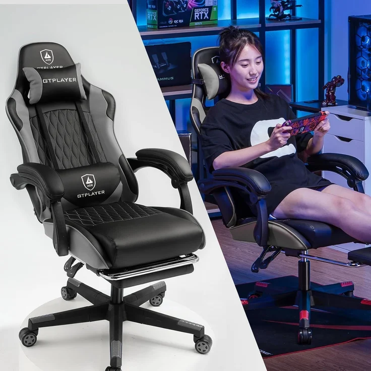 GTPLAYER Gaming Stuhl, Gamer Stuhl, Ergonomischer Bürostuhl mit mit Fußstütze verstellbare Lenden und Kopfkissen, Gaming Chair Gepolstert, Gaming Sessel 150 kg Belastbarkeit grau – Bild 10