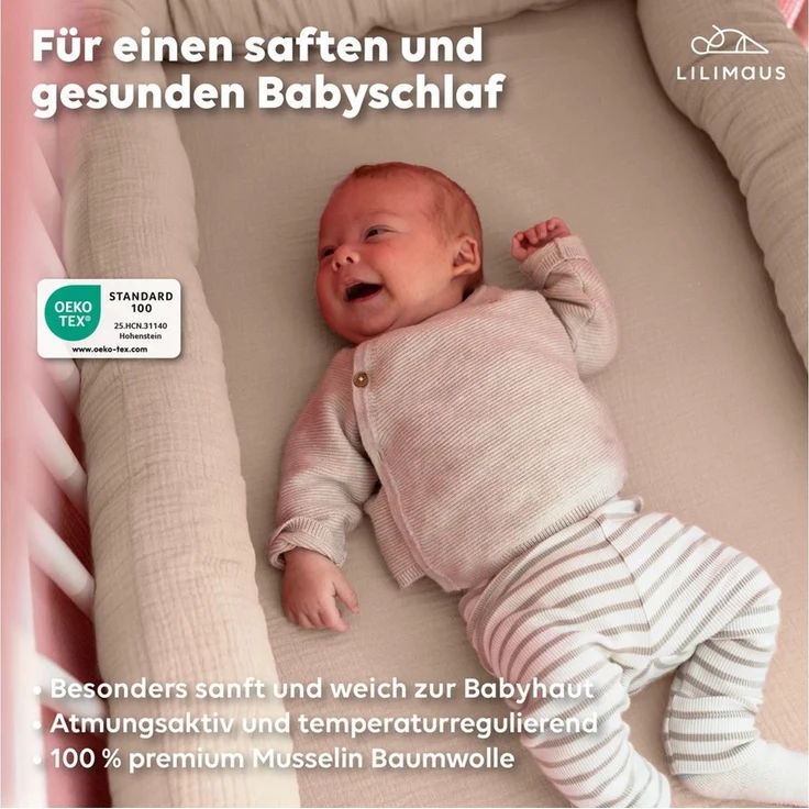 lilimaus Spannbettlaken Musselin Bettlaken Baby 60x120 & 70x140 mit Rundum-Gummizug, (1 Stück), weicher Musselin mit Rundum-Gummizug - sicherer Halt im Babybett – Bild 2