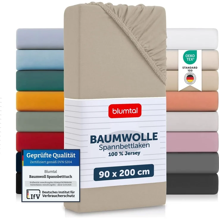Blumtal® Baumwolle Spannbettlaken 90x200 cm Basics Jersey im 2er Set - Bettlaken 90x200 cm - Oeko-TEX zertifiziertes Spannbetttuch 90x200 cm - Matratzenbezug 90x200 cm - Leintuch - Taupe – Bild 1