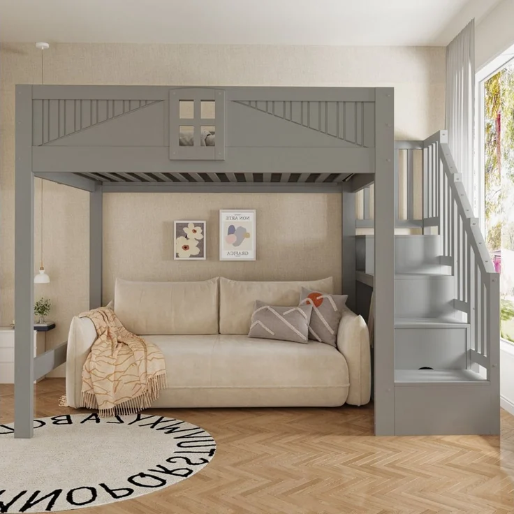 Celya Hochbett Massivholz Multifunktionsbett 140 x 200 cm mit Stauraum (ohne Matratze, Mit Einzigartigem Sicherheitsgitter Mit Fenster) Beidseitig Austauschbarer Aufbewahrungsleiter – Bild 4