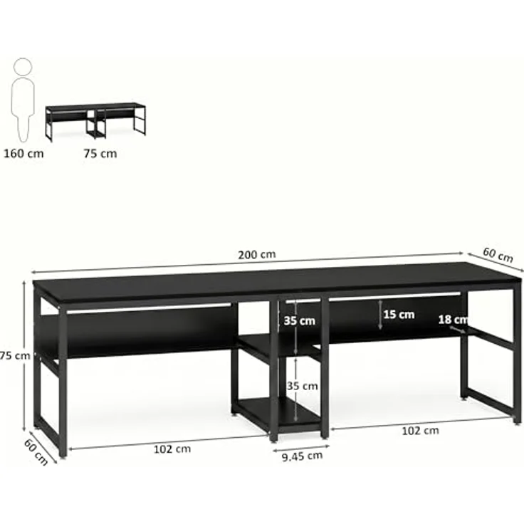 LITTLE TREE Schreibtisch Computertisch 200 x 75 x 60 cm, großer Schreibtisch aus Industriell Holz und Metall als Bürotisch Arbeitstisch für 2 Personen, ideal für Homeoffice Gaming, Schwarz – Bild 3
