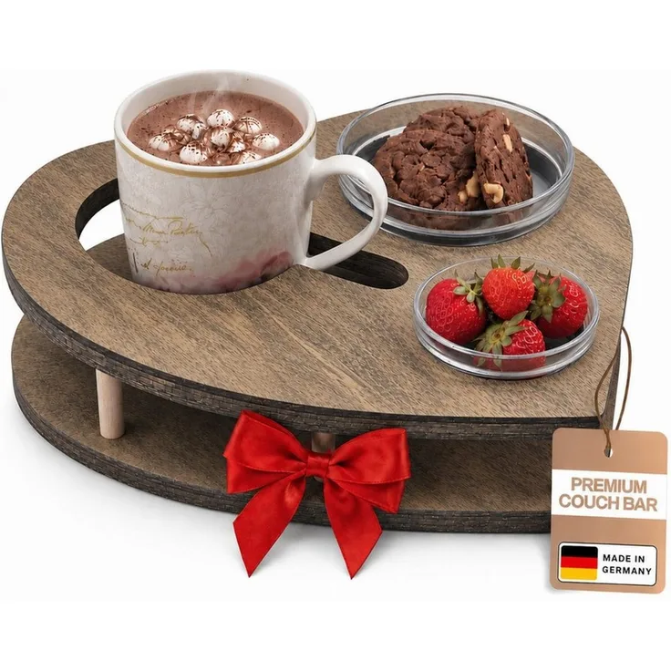 PEGSEN Servierplatte Couchbar Herz aus Holz mit Getränkehalter & 2 Snackschalen, Birkenholz, (Geschenkset, 3-tlg, lebensmittelechte Glasschalen, Snackbox, Sofa Tablett), alles steht stabil & sicher, perfekte Geschenkidee