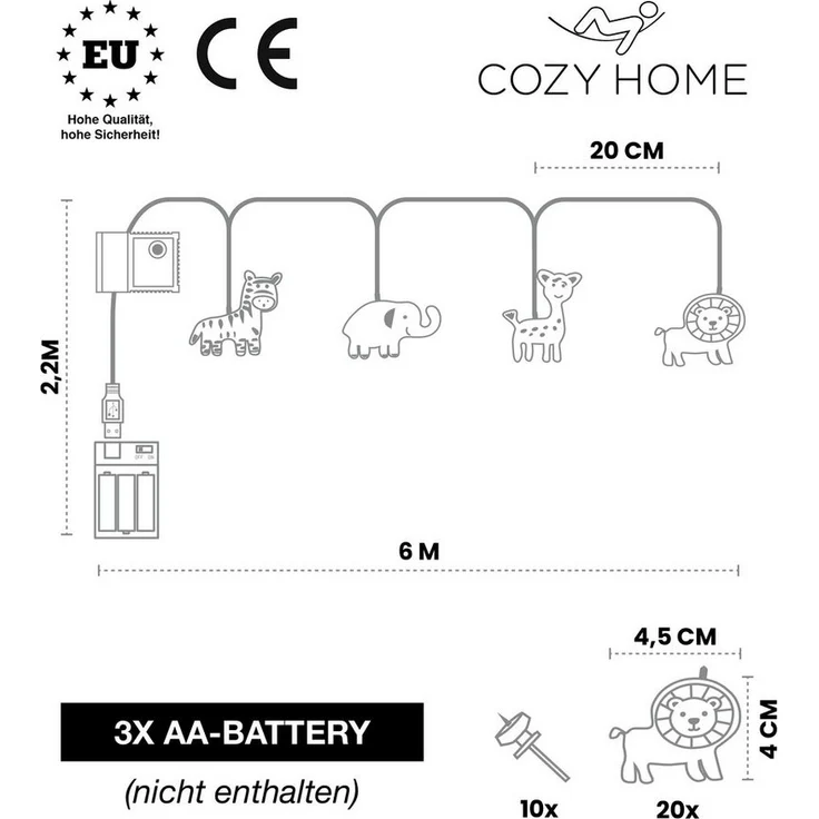 COZY HOME Lichterkette Safari für Kinder, mit APP steuerbar, Batterie & Stecker, 20 warmweiße Tiere, 8 Modi, Dimmbarkeit & Musikmodus – Bild 3