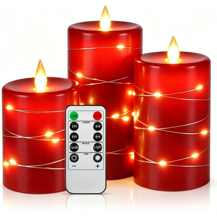 Da by 3 Stück Rot Paraffin LED Kerzen mit Kupferlichtkette, Realistische Flackernde Flamme, Batteriebetriebene Dekokerzen mit Fernbedienung, Wiederverwendbar für Party-, Fest- und Wohndekoration