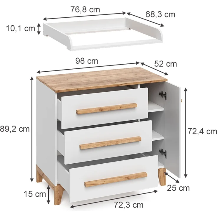 Wickelkommode Malia Weiß 98x98 cm mit 1 Tür & 3 Schubladen Vitalispa – Bild 2