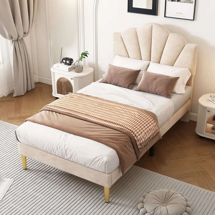 Polsterbett 90×200 cm aus Samt-Stoff mit Stauraumbank & Goldenen Eisenbeinen, beige – Bild 2