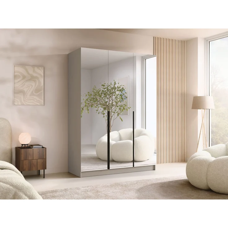 Mirjan24 'Cikzori' Kleiderschrank mit Einlegeböden und Kleiderstange, 3-türig, Laminatplatte, 215 x 58 x 150 cm, Cashmere / Schwarz, mit Spiegelfront – Bild 2