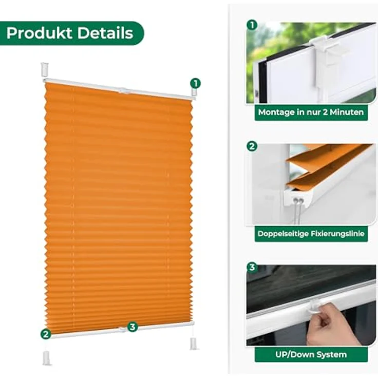 Allesin Plissee ohne Bohren Plissees Klemmfix Orange 60x120cm(BxH), Plisseerollo Faltrollo mit Klemmträger, Jalousie Rollos für Fenster und Tür, Sichtschutz und Sonnenschutz – Bild 7