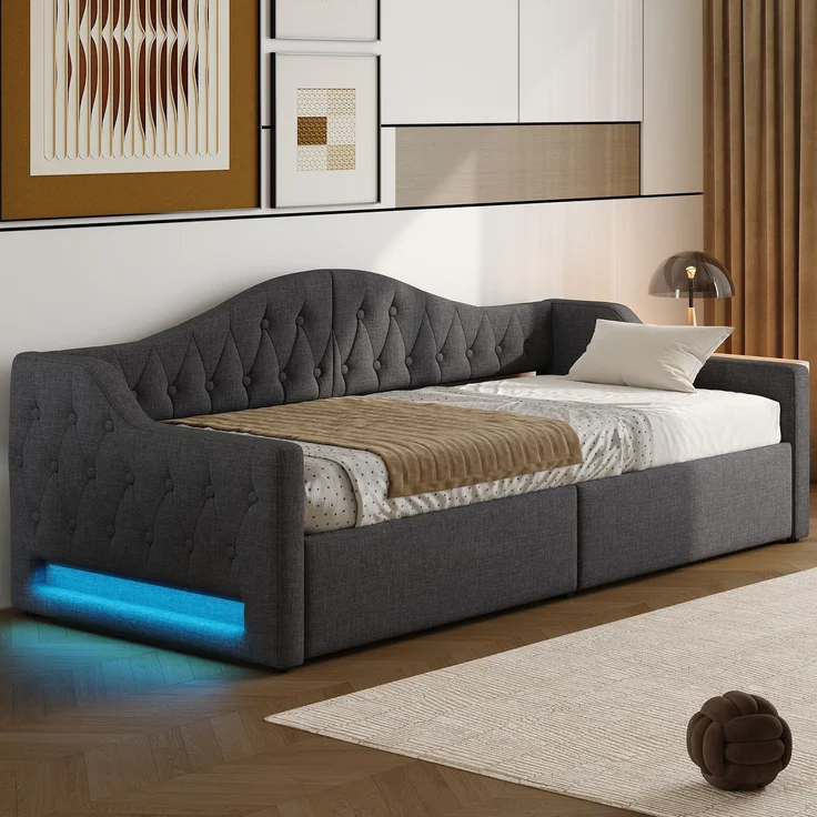 Gepolstertes 90x200 Tagesbett mit LED-Gürtel und Stauraum darunter, Grau – Bild 3