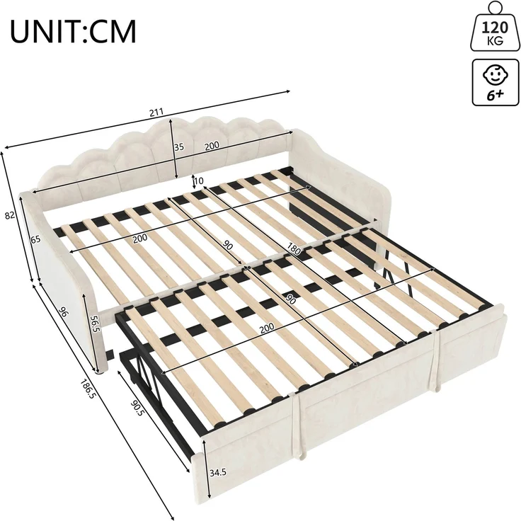 Merax Einzelbett, Kinderbett 90x200cm(180x200cm), Schlafsofa, Tagesbett mit ausziehbarem Bett, Samt, Farbwechselbarer LED-Streifen, Beige – Bild 4