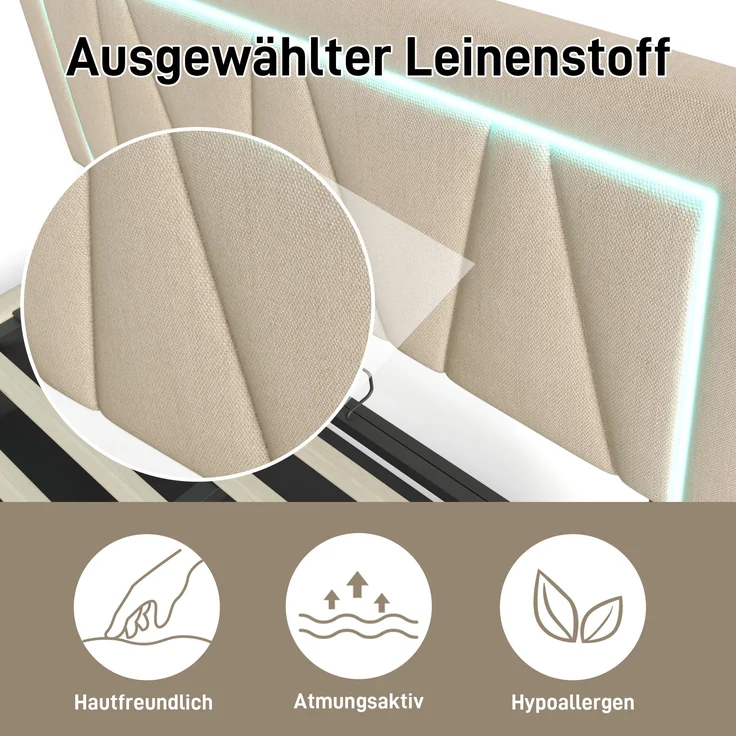 Polsterbett 160x200 cm aus Leinen mit Stauraum, USB- und Type-C-Anschluss und LED-Beleuchtung – Bild 7
