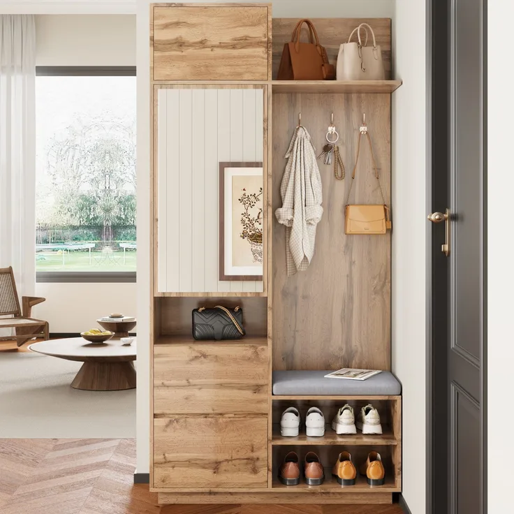 Kompaktgarderobe 90x34,5x190 cm mit Spiegel, Sitzbank und Schuhregal, Natur, MDF