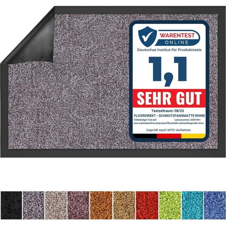 Floordirekt Schmutzfangmatte Rhine - waschbare & leistungsstarke Fußmatte - Sauberlaufmatte mit Rutschfester Rückseite - Türmatte für den Eingangsbereich (Grau (Sparrow), 90x120 cm)
