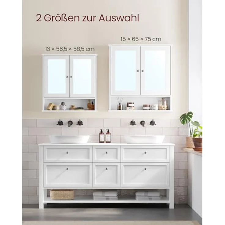 VASAGLE Spiegelschrank, Badschrank, Wandschrank, Hängeschrank mit 2 Spiegeltüren und offenem Fach, verstellbare Ablage, Wandmontage, 15 x 65 x 75 cm, weiß LHC012W01 – Bild 7