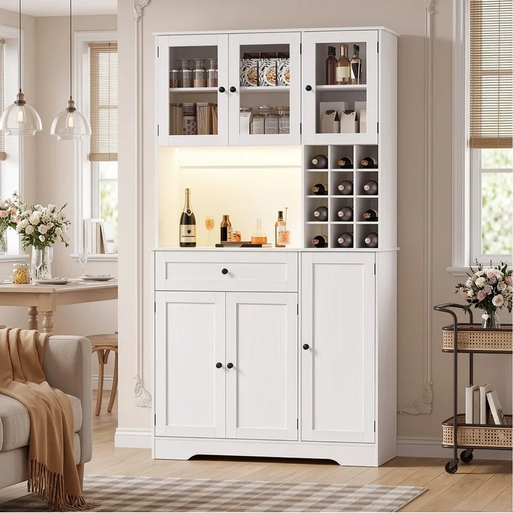 Blishom Küchenbuffet Küchenbuffet mit LED-Beleuchtung, Steckdosenfeld und Weinregal Verstellbare Einlegeböden, abnehmbares Weinregal und magnetische Türen – Bild 3