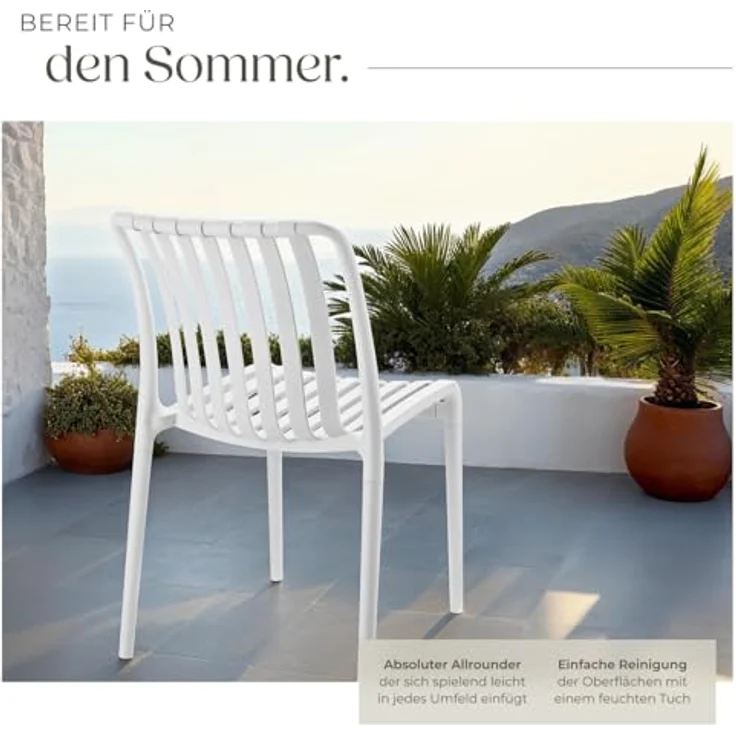 tectake Gartenstuhl Balkonstuhl, stapelbar, 47 x 58 x 80,5 cm, Belastbarkeit 110 kg (Terrassenstuhl Alcudia für Außen in Creme, 6 St), wetterfest und UV-beständig, pflegeleicht, rutschfeste Gummischoner – Bild 7