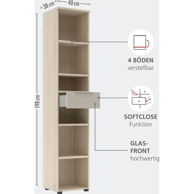 Schmales Büroregal SANTORIN Riva Eiche 6 Fächer & Schubkasten – Bild 3