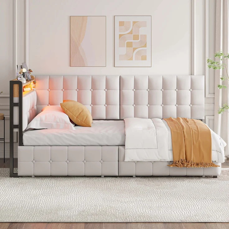 90 X 200 Gepolstertes Schlafsofa, Polsterbett mit 2 Schubladen und LED-Nachttischlampe, USB- und Typ-C-Anschluss, multifunktionales Kinder-Bootsbett, Schlafsofa Einzelbett Beige – Bild 2
