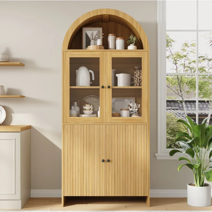 DESVIAE Sideboard mit Glastüren und gewölbtem Design 78x176x40 cm Spanplatte Natur