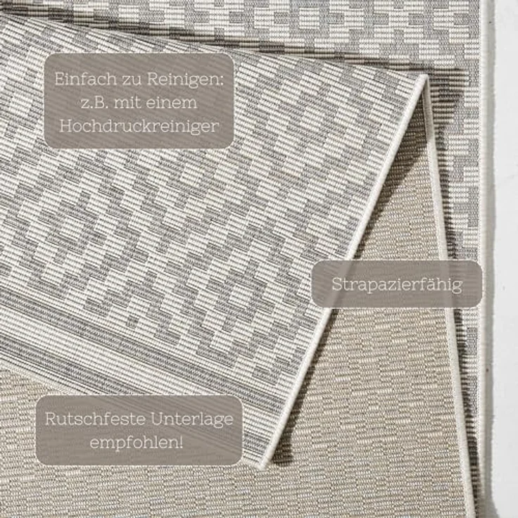 NORTHRUGS In- und Outdoor Teppich Raute 240x340 cm - Wetterfest Modern Geometrisches Raute Muster Design Teppich für Balkon Terrasse Garten Wintergarten Wohnzimmerteppich Wasserfest in Grau Creme – Bild 5
