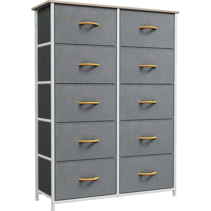 YITAHOME Kommode mit Schubladen, Schrank mit 10 Schubladen aus Stoff, Aufbewahrungskommode Industrial Stil für Schlafzimmer, Wohnzimmer, Kinderzimmer, Flur, Aufbewahrungsschrank (Grau)