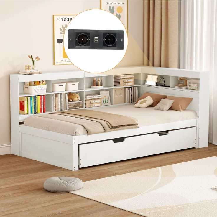 Schlafsofa 90*200, Ausziehbares Bett 90*190 mit USB-Steckdose und mehreren Ablagefächern, Massivholzbett, Einzelbett, Holz-Multifunktionsbett, Weiß. – Bild 3