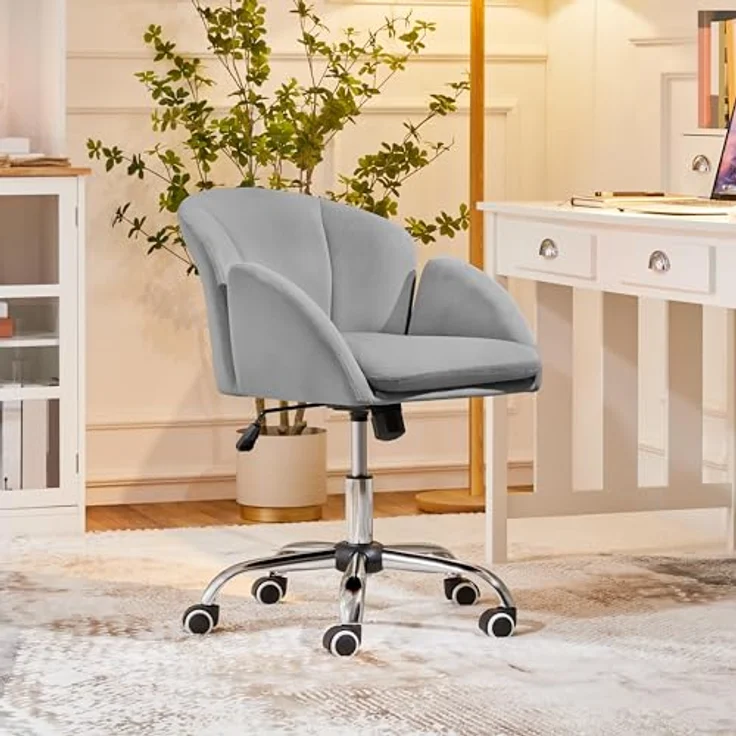 Yaheetech Homeoffice Stuhl Schminkstuhl Schreibtischstuhl höhenverstellbar Drehstuhl bis 136 kg Belastbar, SamtStuhl mit Armlehnen und Rückenlehne für Schlafzimmer Büro Wohnzimmer, Hellgrau – Bild 3