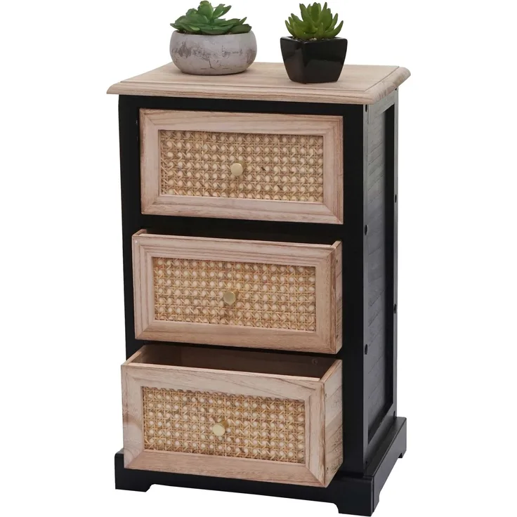 Kommode HWC-K87, Schubladenschrank Schrank, Holz Rattan 63x40x28cm ~ schwarz, naturfarben