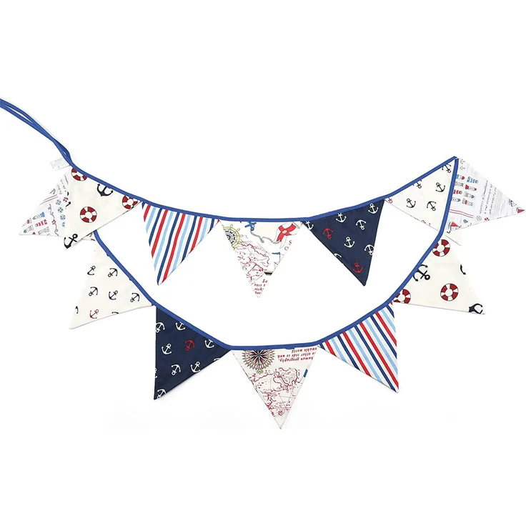 G2PLUS Stoff Wimpel Girlande Doppelseitig, 3. 3M Bunte Wimpelkette Stoffgirlande mit 12stk Girlande Wimpeln für Kinderzimmer Drinnen & Draußen Party-Blau und Weiß