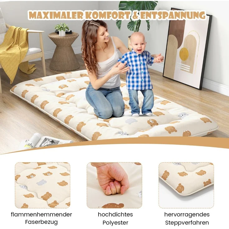 90 x 200 cm Japanische Futon Matratze mit Waschbarem Bezug & Tragetasche Tatami-Matte Braunbär – Bild 5